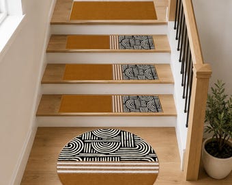 Boho Stair Treads, Mid Century Modern Step Mats, Abstract Geometric Staircase Rug, Mustard Yellow Landing Mat, Non Slip Wooden Step Cover