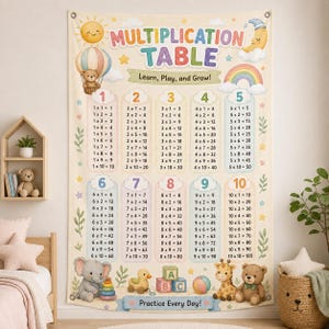 Op de afbeelding: Een crèmekleurig wandkleed met een tafel van vermenigvuldiging van 1 tot 10. Het ontwerp bevat kleurrijke cijfers, een zon, een maan, een regenboog en illustraties van een teddybeer in een heteluchtballon, een olifant, een eend en een giraf.