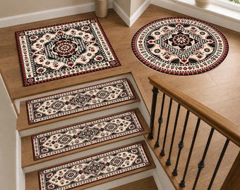 Folk Art Stair Tread Rug, Black Red Stair Mats, Round & Square Landing Rug, Floral Geometric Staircase Decor, Cream Entryway Rug
