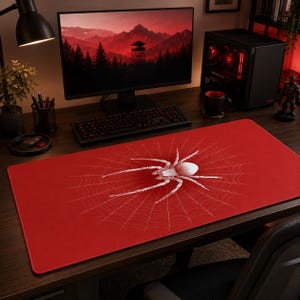 May include: A red rectangular desk mat featuring a white spider and web design. The mat is on a wooden desk with a computer, keyboard, and other accessories. The spider design is centered on the mat.