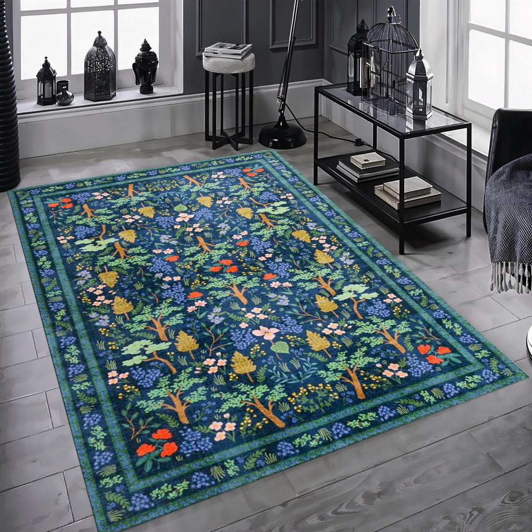 Botanical Forest Area Rug, Navy Blue Woodland Carpet, Floral Folk Art ...