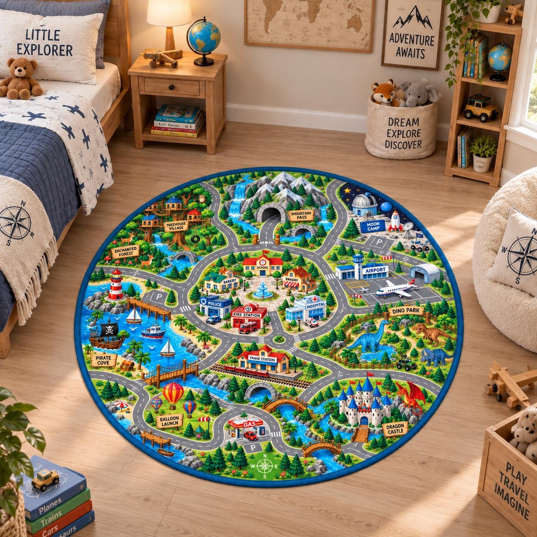 Kids Adventure Road Rug, City Play Mat, Fantasy Car Area Rug, Round ...