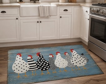 Chicken Kitchen Rug, Farmhouse Hen Area Rug, Country Runner Rug, Round Rug, Square Rug, Rustic Blue Kitchen Dining Hallway Decor
