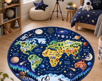 Space World Map Rug, Kids Astronomy Area Rug, Round Solar System Carpet, Educational Geography Playroom Nursery Bedroom Decor