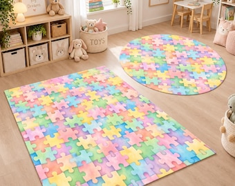 Tapete Quebra-Cabeça em Tons Pastel, Tapete Infantil Colorido, Tapete Redondo para Sala de Jogos, Tapete de Encaixe para Quarto de Bebê, Decoração para Quarto de Meninos e Meninas e Sala de Aprendizagem