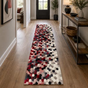 Tappeto a corsia geometrico, tappeto per corridoio con motivo esagonale, zerbino rosso e grigio per ingresso, decorazione per pavimento a nido d'ape, tappeto a corsia per cucina contemporaneo, moderno