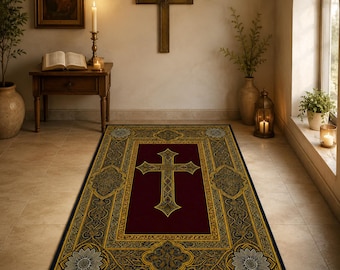 Alfombra de oración cristiana color burdeos y dorado, alfombra católica para reclinatorio, cruz ornamentada, decoración para altar doméstico, regalo religioso espiritual vintage