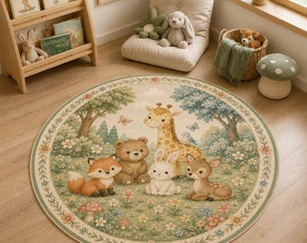 Woodland Animal Nursery Area Rug, Cute Forest Kids Playroom Carpet, Pastel Floral Baby Room Mat, Gender Neutral Decor, Round Animal Rug