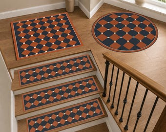 Mid Century Stair Tread Rug, Terracotta Navy Stair Mats, Round & Square Landing Rug, Retro Diamond Checker Staircase Decor