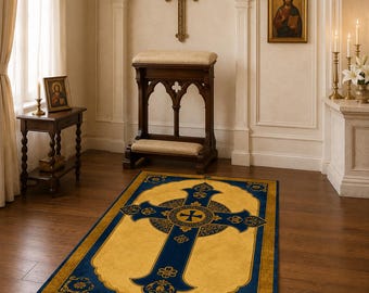 Alfombra de oración con cruz celta azul y dorada, reclinatorio católico, decoración medieval para altar doméstico, regalo para espacio sagrado cristiano vintage