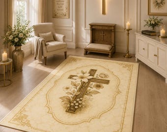 Alfombra de oración de madera con cruz botánica, alfombra católica para reclinatorio, decoración floral para altar del hogar, espacio sagrado cristiano vintage, regalo de lirio de Pascua
