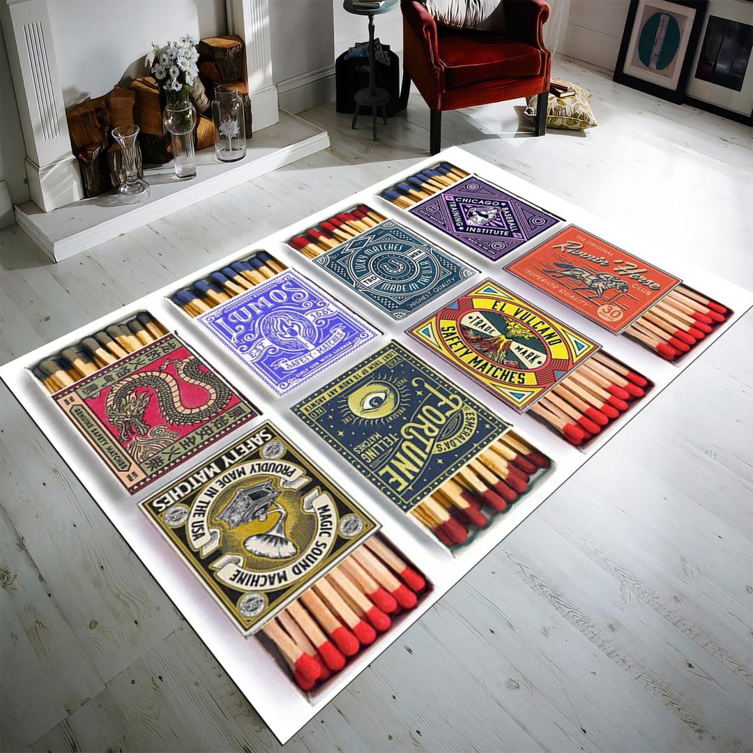 Matchbox Pattern Rug Vintage Matchbox Rug: Colorful Printed Design, Home Decor - Etsy
