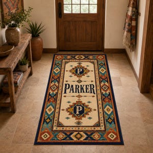 May include: A rectangular runner rug featuring a cream-colored center with the name PARKER printed in dark blue, flanked by two dark blue geometric emblems containing the letter P. The border displays a colorful southwestern-inspired pattern.