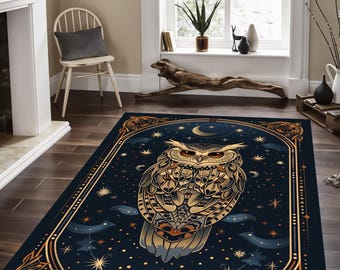 Alfombra con estampado de búhos: decoración bohemia para dormitorio, alfombra con diseño de animales.