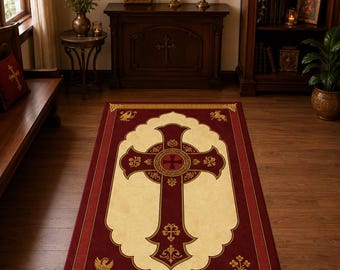 Alfombra de oración con cruz celta roja, reclinatorio católico de estilo medieval, decoración para altar doméstico, espacio sagrado, regalo cristiano vintage