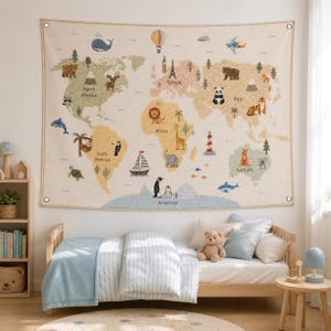May include: A rectangular wall tapestry featuring a world map with illustrations of animals, landmarks, and vehicles. The continents are labelled North America, South America, Europe, Africa, Asia, Australia, and Antarctica, with metal grommets in each corner.