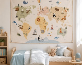 Kids World Map Tapestry, Educational Animal Wall Hanging, Nursery Geography Decor, Montessori Playroom Classroom Learning Wall Art