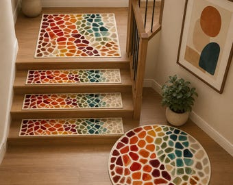 Colorful Mosaic Stair Treads, Rainbow Pebble Step Mats, Bright Geometric Staircase Decor, Non-Slip Wooden Step Cover, Round Landing Rug