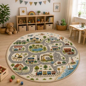 May include: A round area rug featuring a colorful illustrated town map with roads, a train track, a school, a hospital, a fire station, a gas station, a cafe, a zoo, a home, and a lighthouse, all set against a light beige background.
