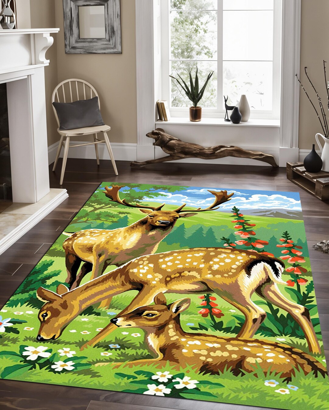 Deer Printed, Deer Family, Animal Rug, Nature Printed Rug, Landscape ...