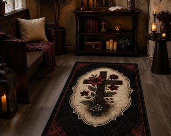 Alfombra de oración gótica con cruz floral, reclinatorio católico, alfombra negra vintage, decoración para altar doméstico, cruz de madera oscura, regalo espiritual para espacio sagrado
