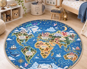 Fantasy World Map Rug, Kids Educational Area Rug, Round Adventure Carpet, Castle Dragon Nursery Playroom Bedroom Decor