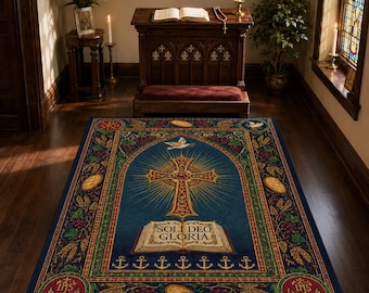 Alfombra católica para arrodillarse, símbolos de la Eucaristía, alfombra de oración Soli Deo Gloria, decoración cristiana vintage, altar para el hogar, regalo para el espacio sagrado.
