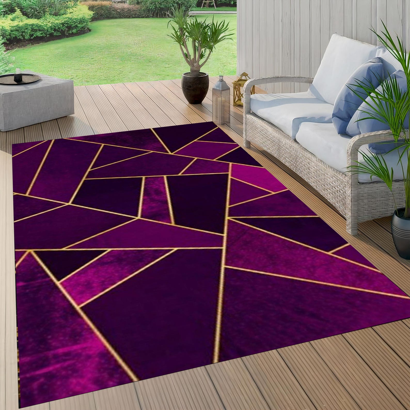 Purple Geometric Rug: Gold Striped Minimalist Decor - Etsy