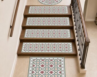Moroccan Stair Tread Rug, Spanish Tile Stair Mats, Round & Square Landing Rug, Sage Green Burgundy Geometric Staircase Decor
