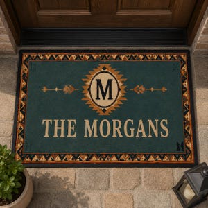 May include: A rectangular doormat with a dark teal background, featuring a central cream-colored oval containing the letter M. The text THE MORGANS is printed below in cream. The border has a geometric pattern in shades of brown, tan, and black.