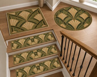 Art Deco Stair Tread Rug, Green Gold Stair Mats, Round & Square Landing Rug, Vintage Fan Pattern Staircase Decor, Geometric Entryway Rug