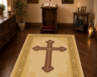 Alfombra de oración cristiana, alfombra católica para reclinatorio para altar doméstico, cruz color crema y marrón, decoración para espacio sagrado, regalo espiritual y religioso