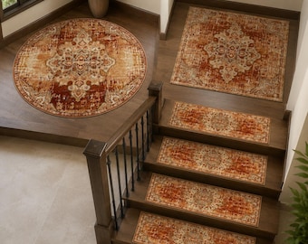 Burnt Orange Stair Treads, Vintage Stair Rug, Round & Square Landing Rug, Distressed Medallion Staircase Decor, Rust Area Rug