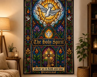 Tapiz de vitral del Espíritu Santo, arte mural de Pentecostés, regalo de confirmación católica, decoración cristiana con cruz de paloma, adorno para sala de oración.