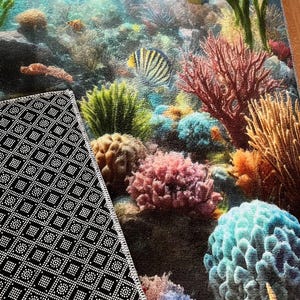 May include: A rectangular area rug featuring a vibrant underwater coral reef scene with colorful fish, various coral formations, and a starfish. The underside of the rug is black with a white geometric non-slip pattern and a stitched white border.