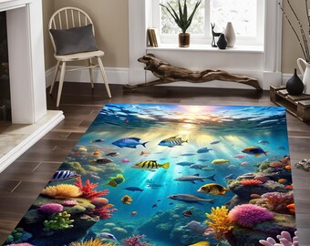 Coral Reef Area Rug, Tropical Fish Ocean Carpet, Underwater Sea Life Floor Mat, Coastal Living Room Decor, Colorful Aquarium Accent Rug