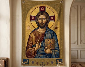 Tapiz con icono de Jesucristo Pantocrátor, arte mural cristiano ortodoxo bizantino, decoración religiosa, regalo católico, adorno de pared para sala de oración.