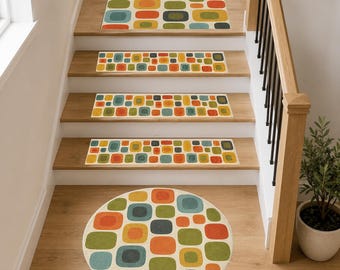 Mid Century Stair Treads, Retro Geometric Step Mats, Colorful 70s Staircase Rug, Non-Slip Wooden Step Cover, Vintage Home Decor