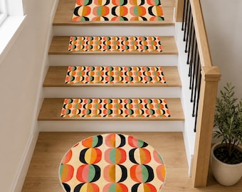 Retro Mid Century Stair Treads, 70s Mid Century Step Mats, Colorful Abstract Staircase Rug, Non-Slip Wooden Step Cover, Vintage Home Decor