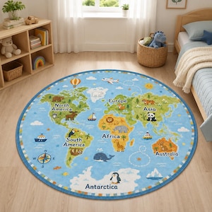 May include: A round area rug featuring a colorful world map on a light blue background. The design includes labeled continents, illustrations of various animals, ships, a compass rose, and a hot air balloon, all bordered by a multi-colored pattern.