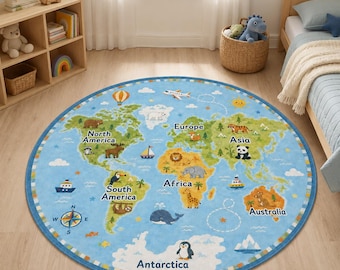 Kids World Map Rug, Round and Square Map Rug, Educational Animal Rug, Nursery Playroom Rug, Geography Carpet, Preschool Bedroom Decor