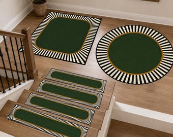 Green Art Deco Area Rug, Geometric Sunburst Round Mat, Matching Stair Treads Set, Emerald Green Stripe Carpet, Retro Modern Room Decor
