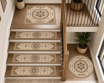 Boho Stair Treads, Southwestern Step Mats, Aztec Staircase Decor, Geometric Step Cover, Round Landing Rug, Non-Slip Stair Rug,Landing rug