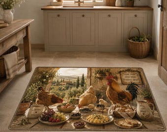 Tuscan Kitchen Mat, Rooster Farmhouse Rug, Kitchen Rug,Chicken Rug, Cottagecore Floor Mat, Washable Non Slip Rug, Vintage Chicken Carpet