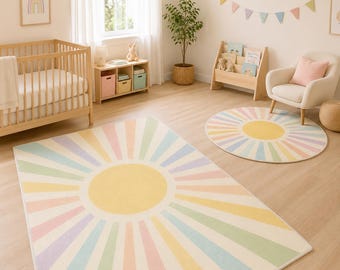 Pastel Sun Rug, Rainbow Nursery Area Rug, Round Kids Rug, Boho Sunshine Carpet, Baby Room Playroom Bedroom Decor
