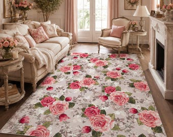 Roze rozen bloemen vloerkleed, vintage botanische vloermat, shabby chic kamerdecoratie, wasbaar antislip tapijt in cottagecore stijl, mat met bloemenpatroon