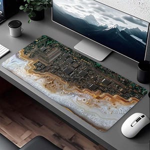 May include: A rectangular computer mouse mat with a distinctive design. It features a detailed circuit board pattern in green, brown, and black, combined with a white and gold agate-like pattern. A white mouse is positioned on the mat.