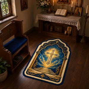 Può includere: Un tappeto rettangolare con bordo superiore arrotondato raffigurante una croce luminosa centrale sopra gradini in pietra, incorniciata da pilastri dorati decorati e nuvole blu. Il bordo è blu intenso con accenti in filigrana dorata.