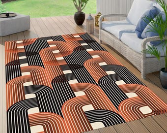 Geometric Area Rug: Minimalist Boho Decor, Black & Orange