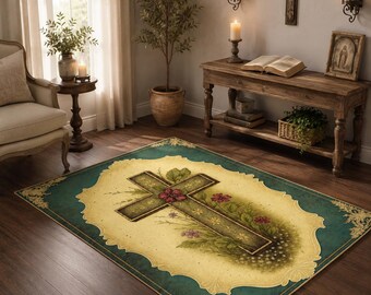 Alfombra de oración con cruz botánica, reclinatorio católico, decoración floral en tonos verde azulado y crema para altar doméstico, regalo vintage para espacio sagrado cristiano.